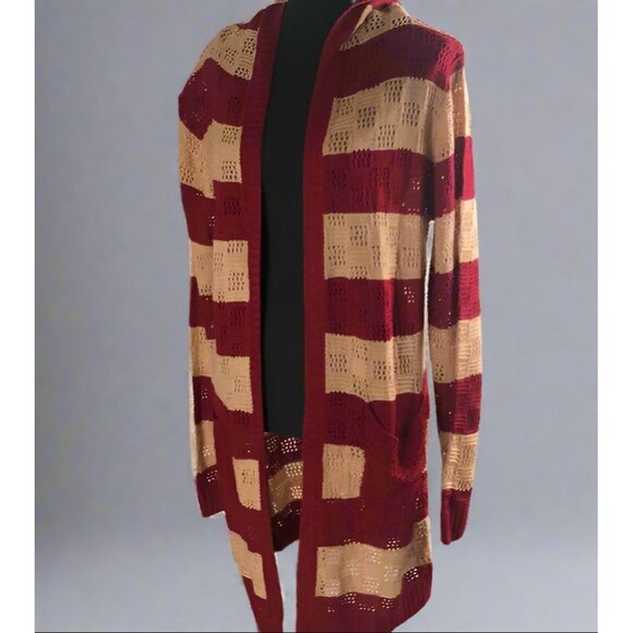 Open Knitted Striped Hooded Cardigan w/ Pockets - Picture 7 of 11